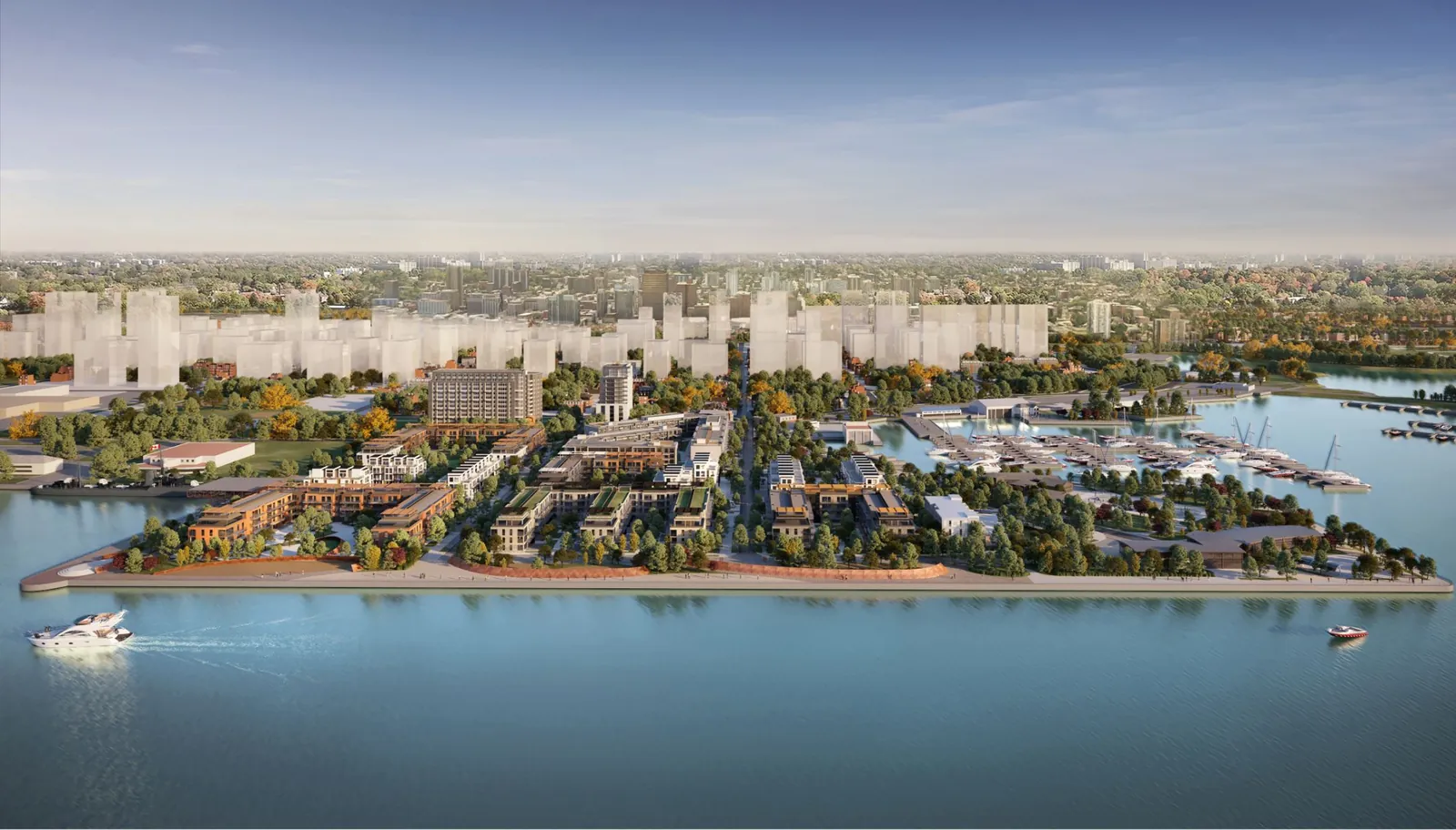 Aerial rendering of Hamilton's West Harbour with new mid-rise buildings, parkland and the bay