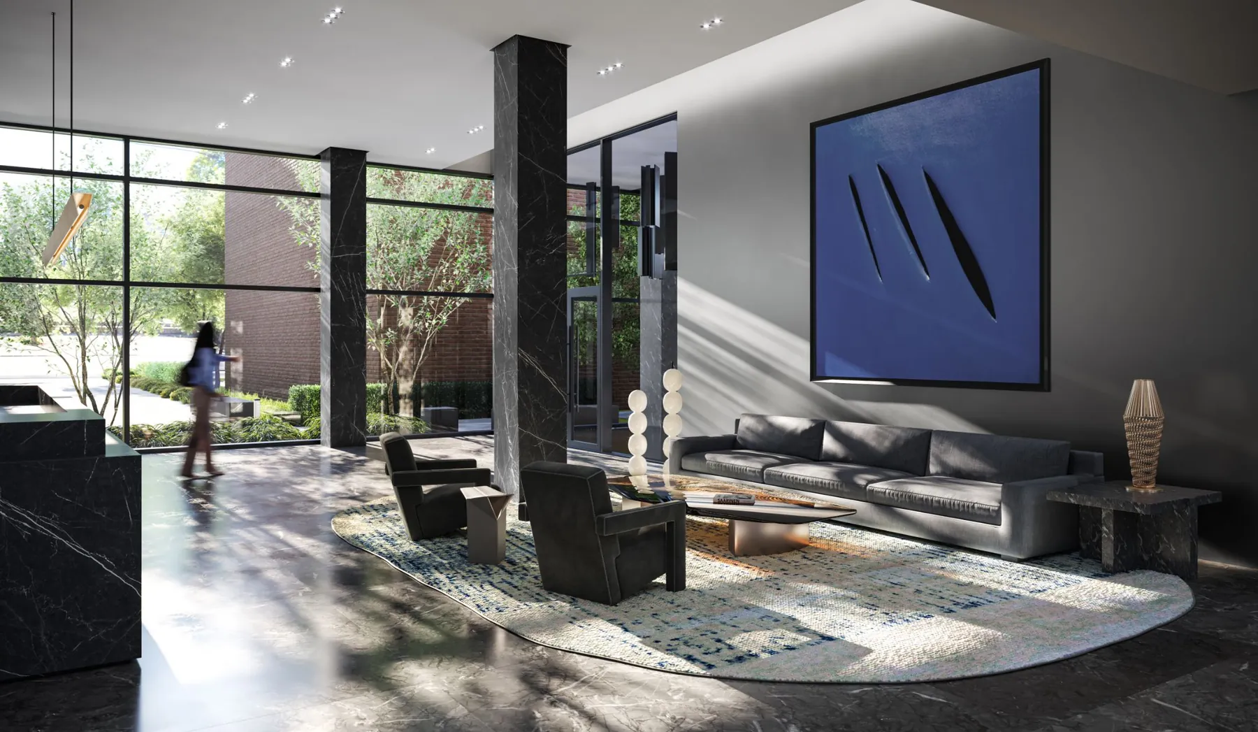 Rendering of the double-height lobby with stone columns, a lounge seating area and a large artwork on the wall