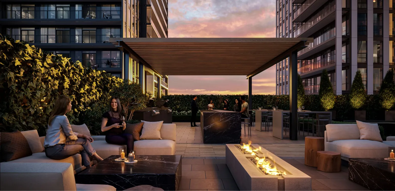 Rendering of the rooftop lounge terrace at sunset with fire tables, sofas and a covered dining pavilion